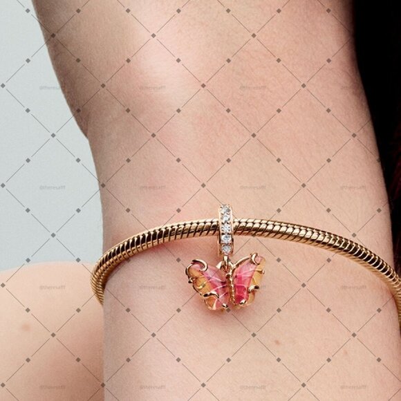 Pandora Pink & Yellow Murano Glass Butterfly Dangle Charm - Picture 2 of 2